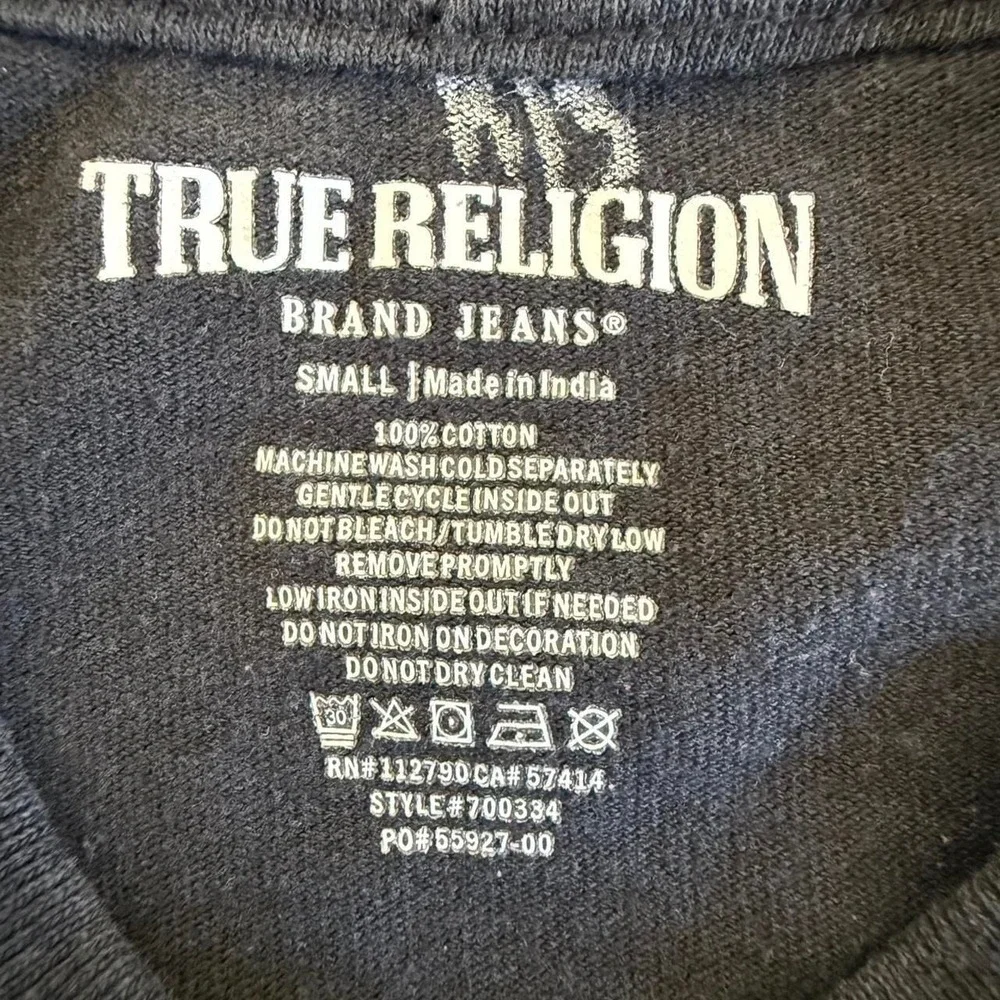 True Religion Black Graphic Tee, Red Horseshoe & Buddha Guitar - Small